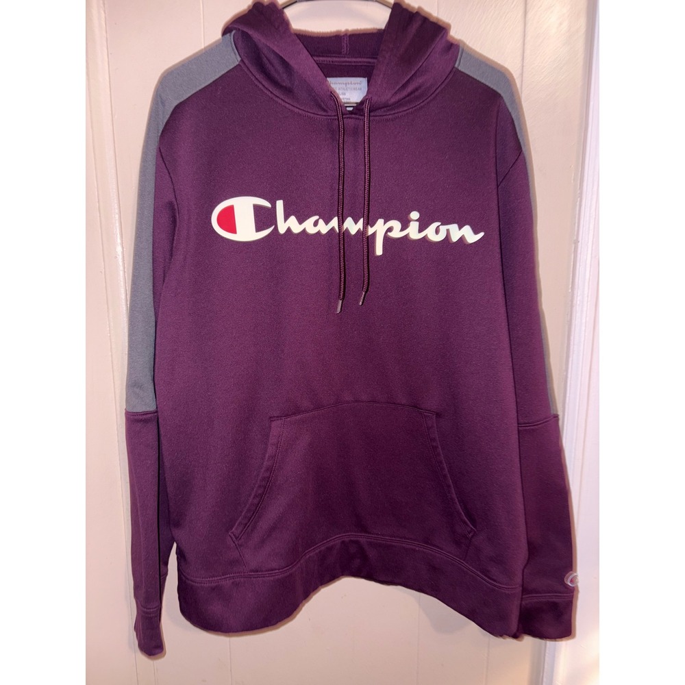 Champion XL Maroon Burgundy Colorblock Script Logo Pullover Hoodie Sweatshirt